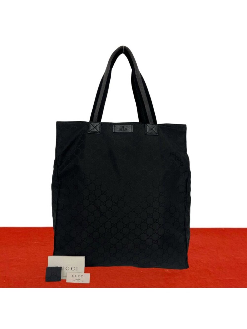 Gucci GG Nylon Embossed Logo Leather Tote Bag Black